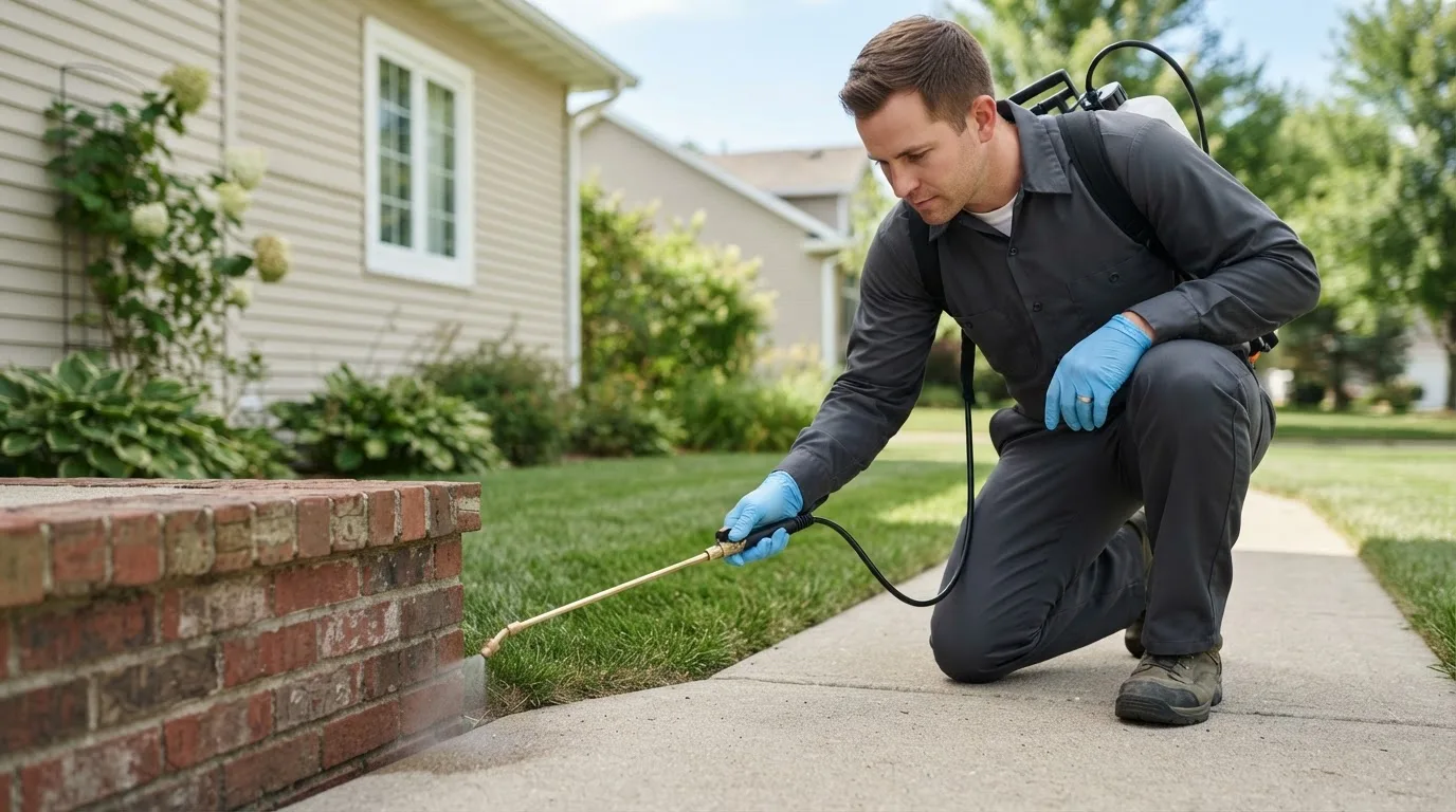 Pest control technician treating a home near Pleasant City, OH